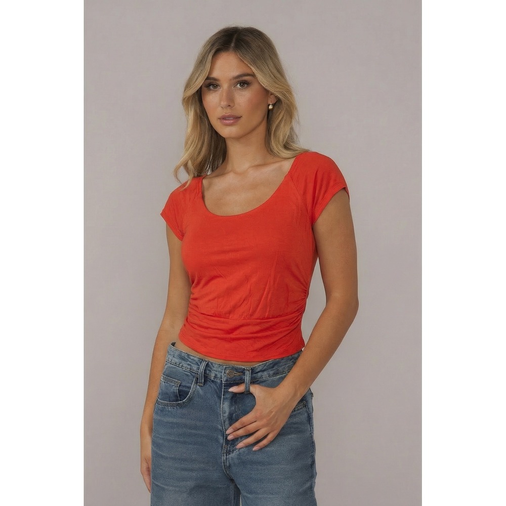 Velvet by Graham & Spencer Ruched Scoop Neck Rayon Top Orange Red Size S